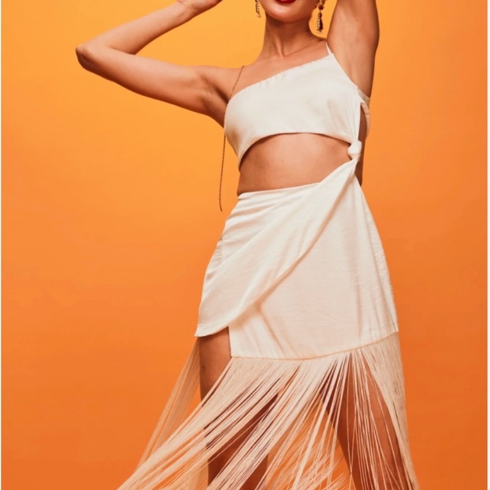 Elegant Cream Midi Dress with Fringe Detail